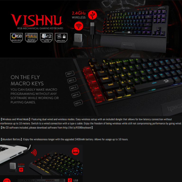 Buy Redragon K596 RGB VISHNU Mechanical Gaming Keyboard Wireless Wired